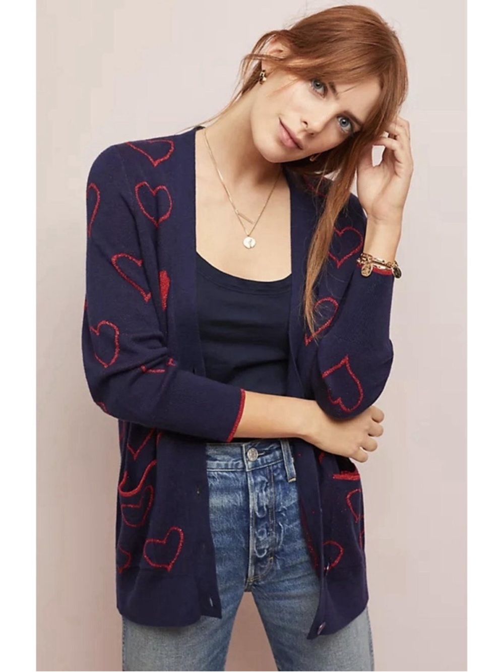 Anthropologie Navy Cardigan Sweater with Red Heart Motif S